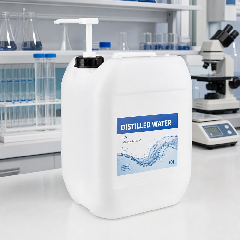Beholder 10 liter med doseringspumpe 10-liters laboratoriekanister med pumpe til destilleret vand (H₂O) i et professionelt laboratoriemiljø