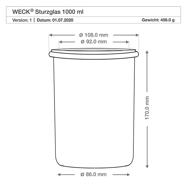1000 ml Briller WECK RR100 med trækugle bøg Teknisk tegning af WECK-bægre 1000ml RR100 med dimensioner, diameter 108mm, højde 170mm, vægt 456g
