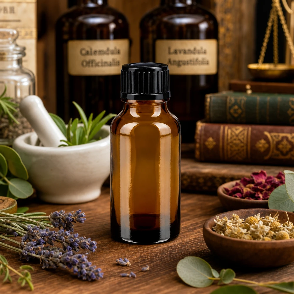 Brun 20 ml glasflaske med sort prop ved siden af tinkturer af calendula og lavendula officinalis