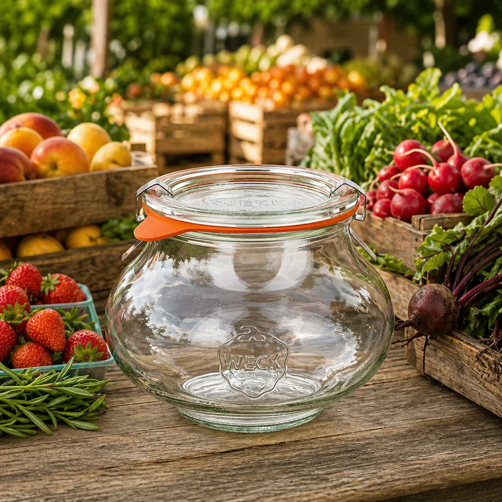 560 ml dekorativt glas, komplet WECK RR80 WECK smykkekrukke 560ml RR80 på træbord mellem frisk frugt og grøntsager, naturlig markedsscene med konserveringskrukke