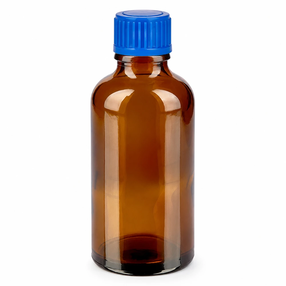 50 ml flaske 11 mm SV blå STD BrownLine UT18/50 50 ml ravfarvet glasflaske med blåt skruelåg til medicin og lægemidler
