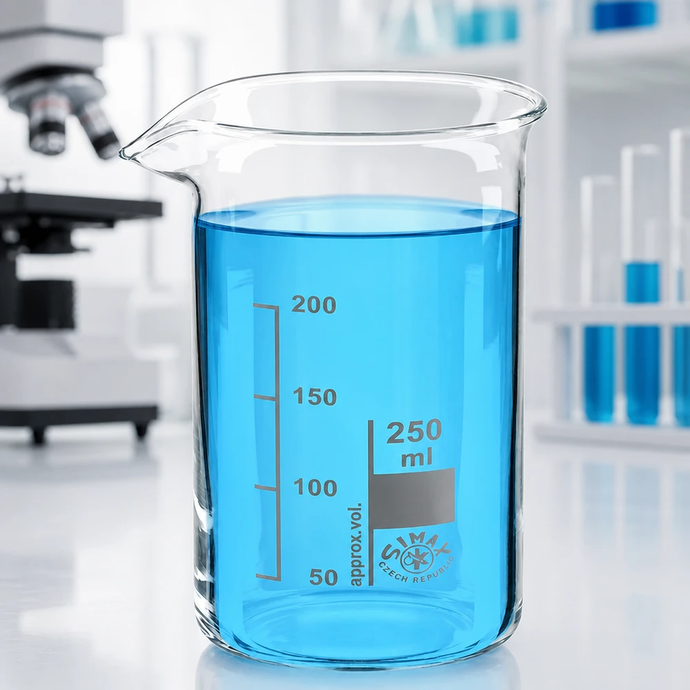 Bæger 250 ml borosilikatglas, høj form Tomt bæger, 250 ml, høj model, borosilikatglas med tud på en hvid laboratorieplade