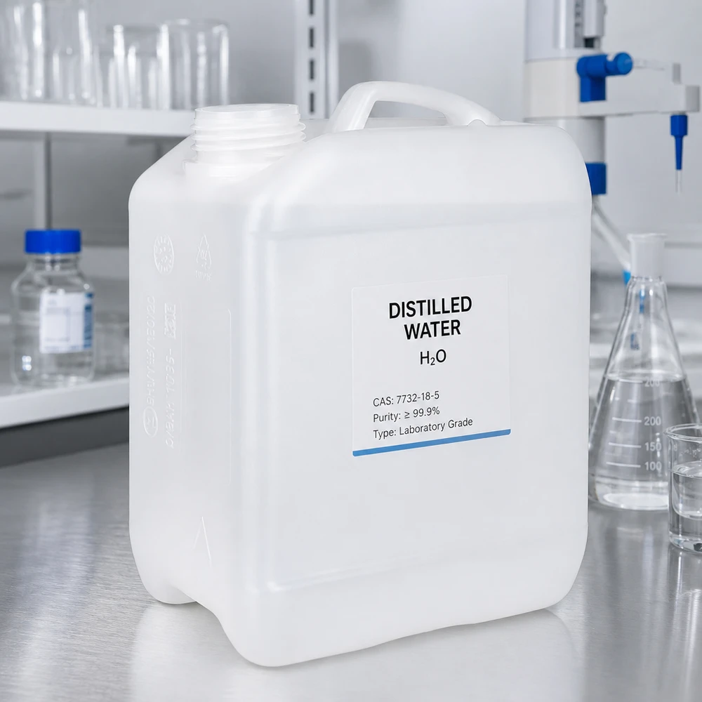 Laboratoriebeholder på 2,5 liter af HDPE til destilleret vand, uden låg, i hvid