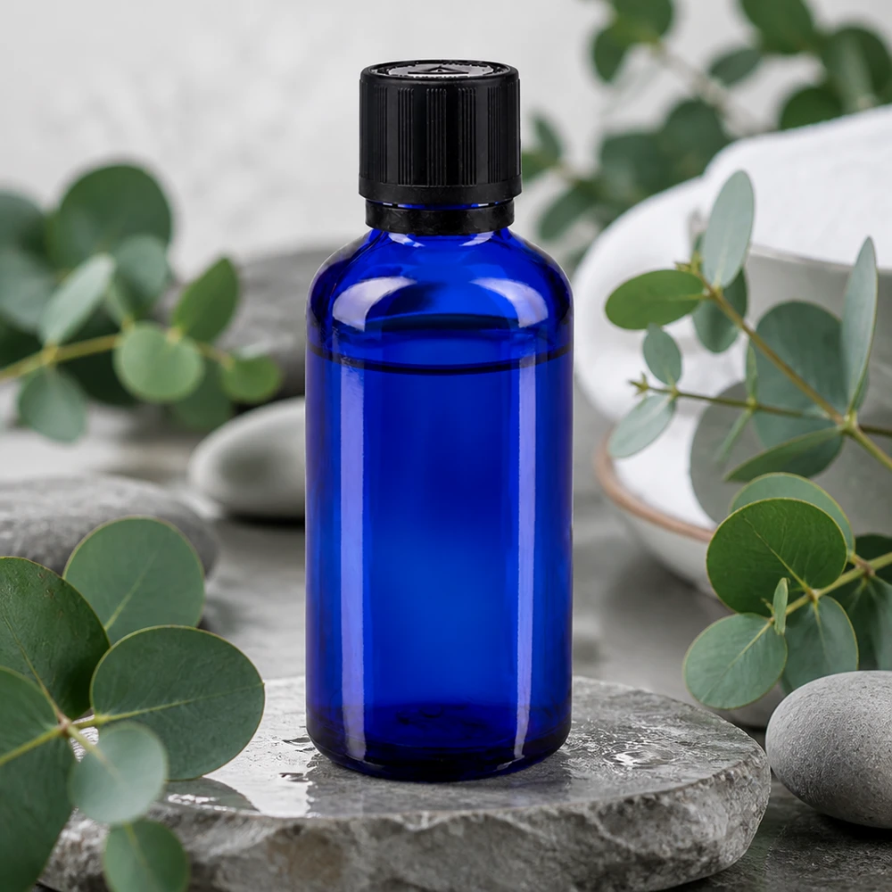 50 ml blå apotekerflaske med sort børnesikret låg på natursten med eukalyptusgrene