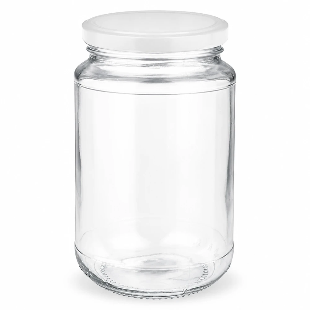 320 ml rundt glas med hvidt BasicSeal-låg fra UNiTWIST, tomt og gennemsigtigt på hvid baggrund
