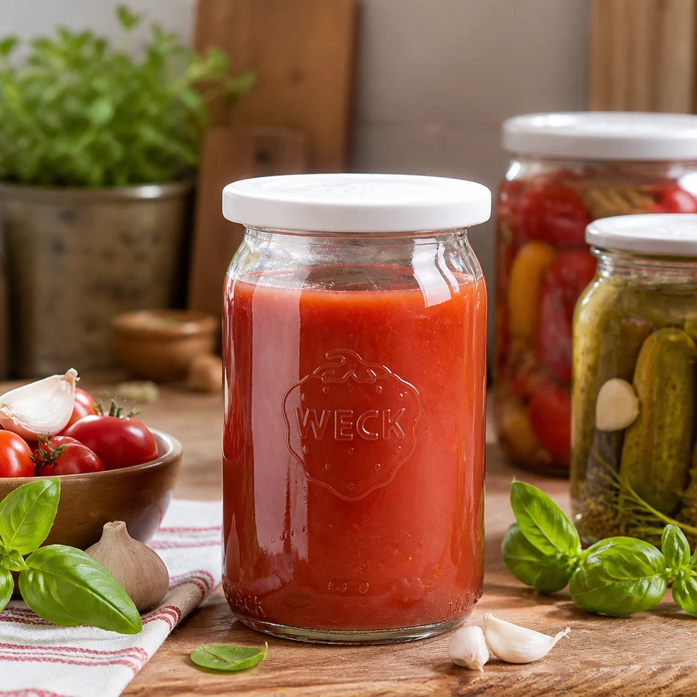 145 ml cylindrisk krukke med friskhedslåg. WECK RR40 WECK RR40 konservesglas 145 ml fyldt med rød tomatsauce i rustikt køkken med friske urter og grøntsager