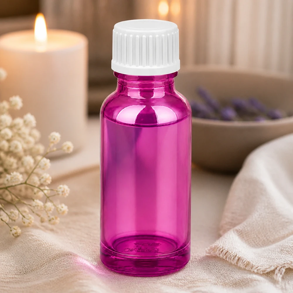 20 ml dråbeflaske 0,9 mm hvid standard PurpleLine. UT18/20 Kompakt 20 ml dråbeflaske i lyslilla til aromaterapi med hvid hætte