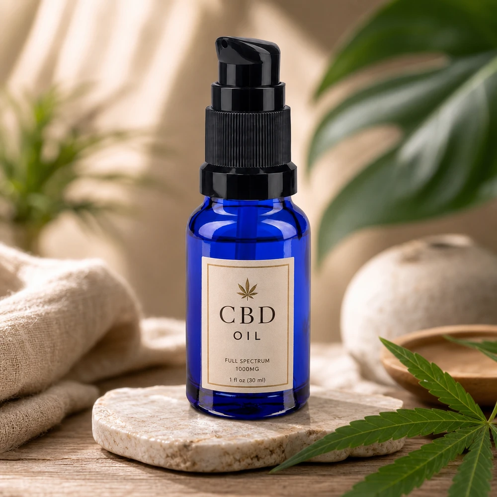 Koboltblå 10 ml glasflaske med sort pumpedispenser til CBD-olie og naturkosmetik
