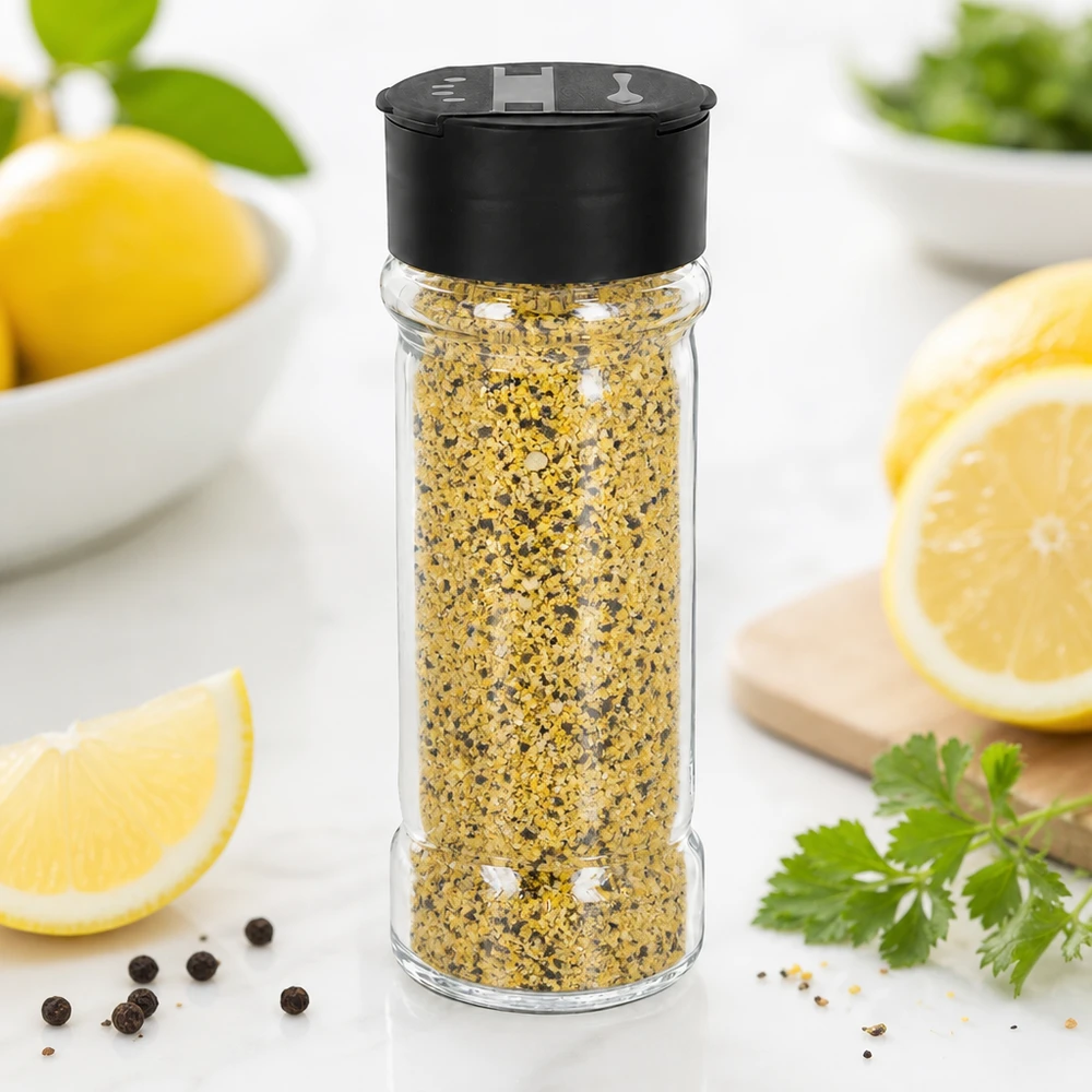 Salt-/krydderikrukke 100 ml med dobbelt strøer, sort Krydderiblanding med citronpeber i 100 ml gennemsigtigt glas med sort dobbeltdæksel med strøfunktion