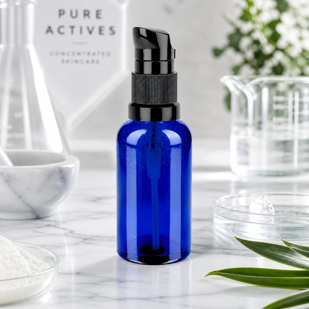 50 ml pumpeflaske sort STD BlueLine UT18/50 Glasflaske i høj kvalitet 50 ml med mat sort pumpe til luksuriøse hudplejeprodukter STD BlueLine UT18/50