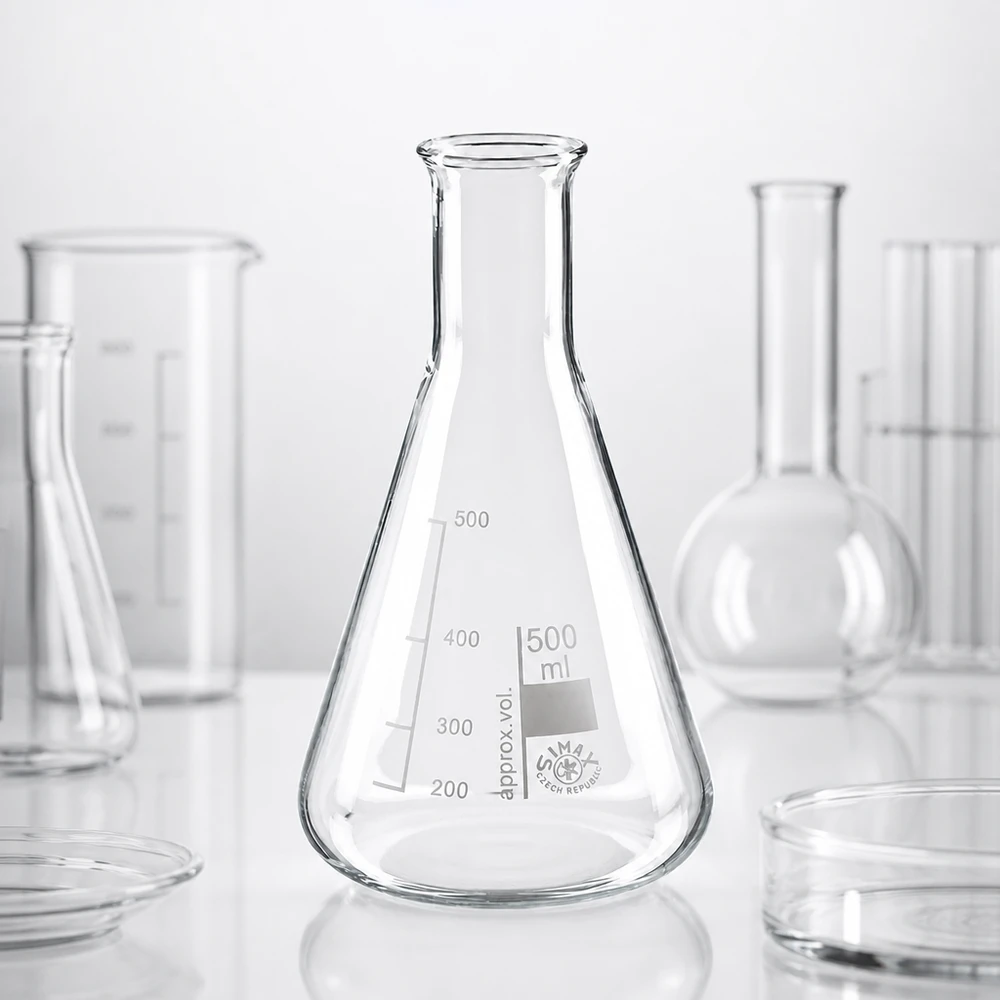 Erlenmeyer-kolbe 500 ml med smal hals Konisk Erlenmeyer-kolbe 500 ml fremstillet af klart laboratorieglas med præcise volumenmarkeringer