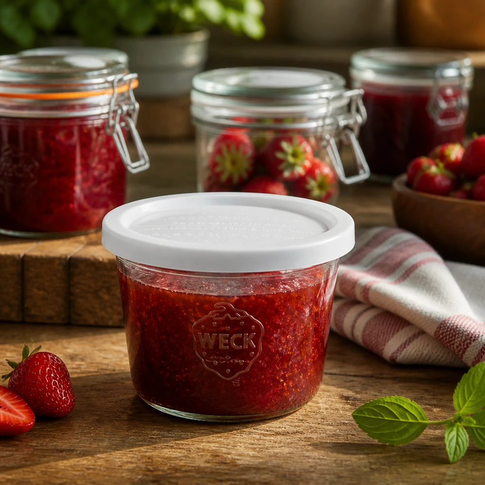 370 ml krukke med friskhedslåg WECK RR100 WECK 370 ml RR100-krukke fyldt med jordbærmarmelade i et rustikt køkken ved siden af friske jordbær og syltetøjsglas