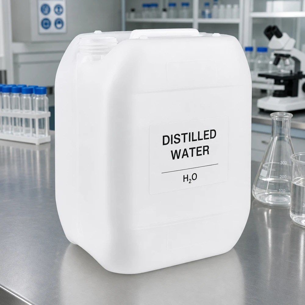 Laboratoriebeholder på 10 liter til destilleret vand (H₂O), hvid HDPE-beholder uden låg