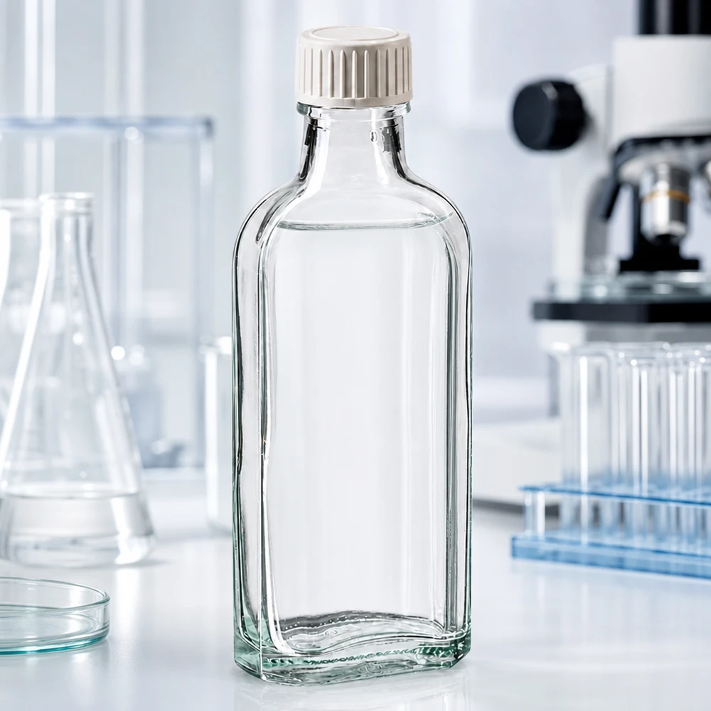 100 ml Meplat klart skruelåg med PE-skumindsats Flad laboratorieflaske på 100 ml af klart glas med hvidt skruelåg af plast