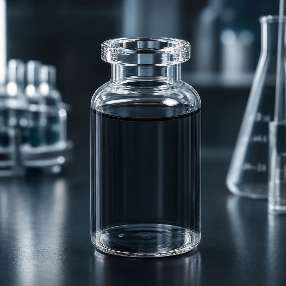 Injektionsflaske i klart glas 10 ml Hochwertige Klarglas Injektionsflasche 10ml mit breitem Mündungsring und dunklem Flüssigkeitsinhalt