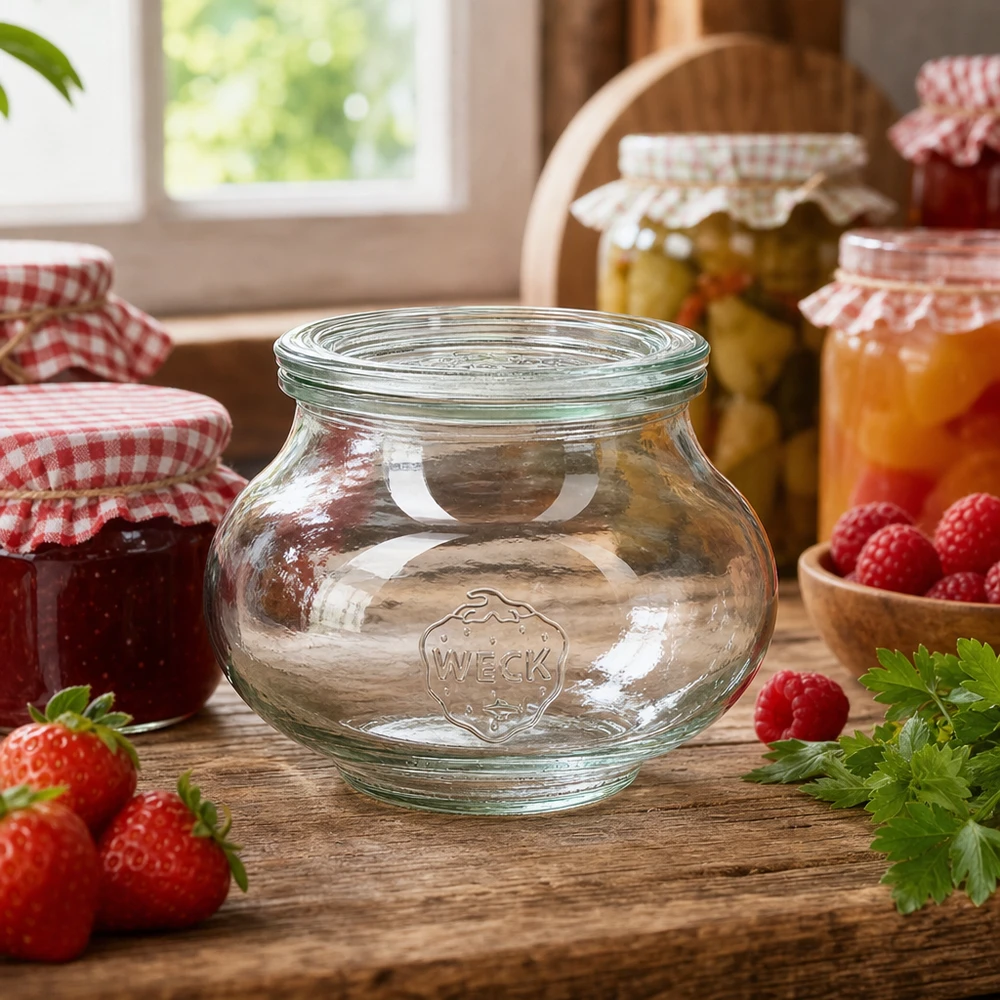 560 ml dekorativt glas med glaslåg WECK RR80 WECK RR80 560 ml syltetøjsglas i rustikt køkken dekoreret med syltetøj, frugt og andre opbevaringsglas