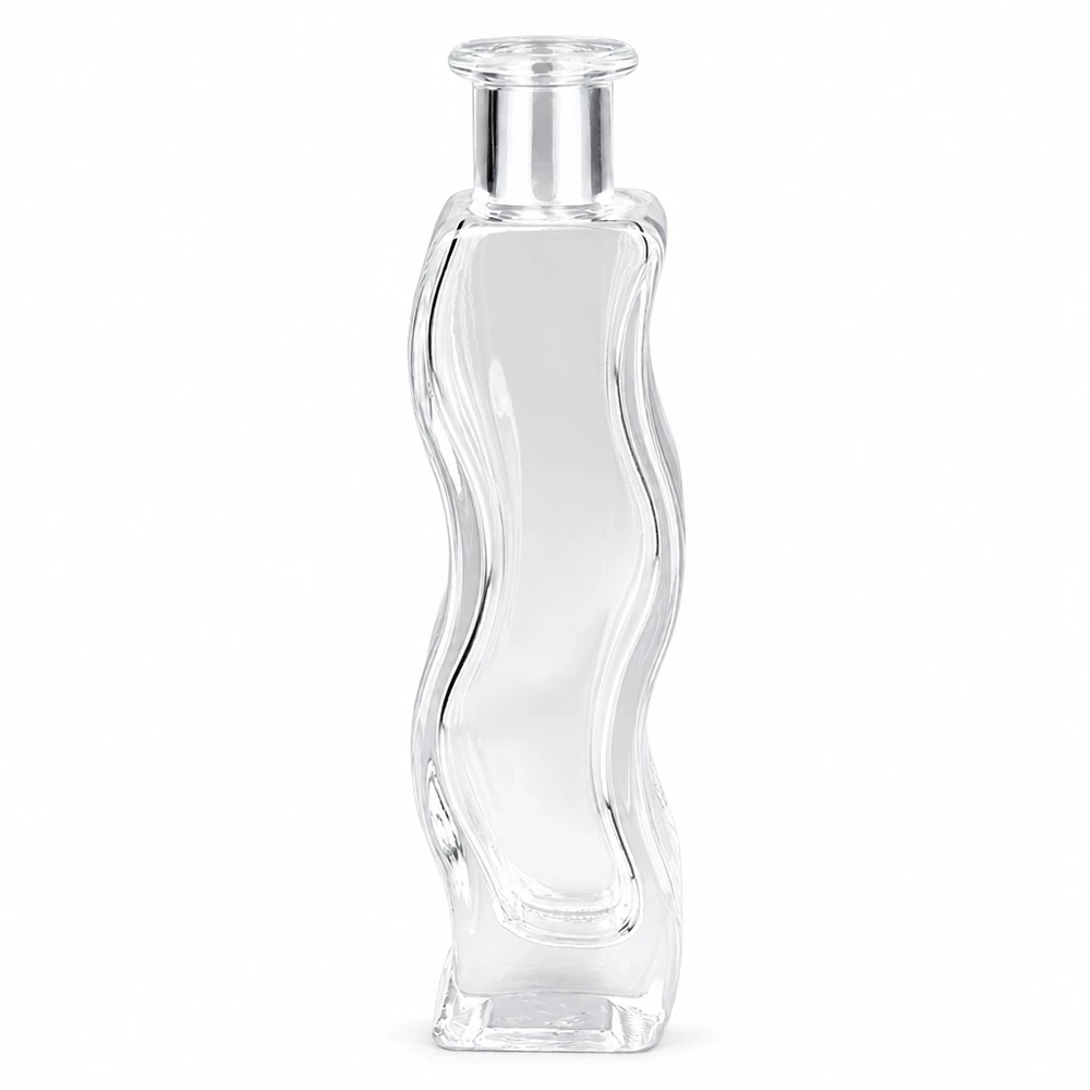 100 ml glasflaske »Melissa« uden lukning UNiTWIST® 100 ml glasflaske Melissa tom uden hætte UNiTWIST transparent med bølget form til parfume eller kosmetik
