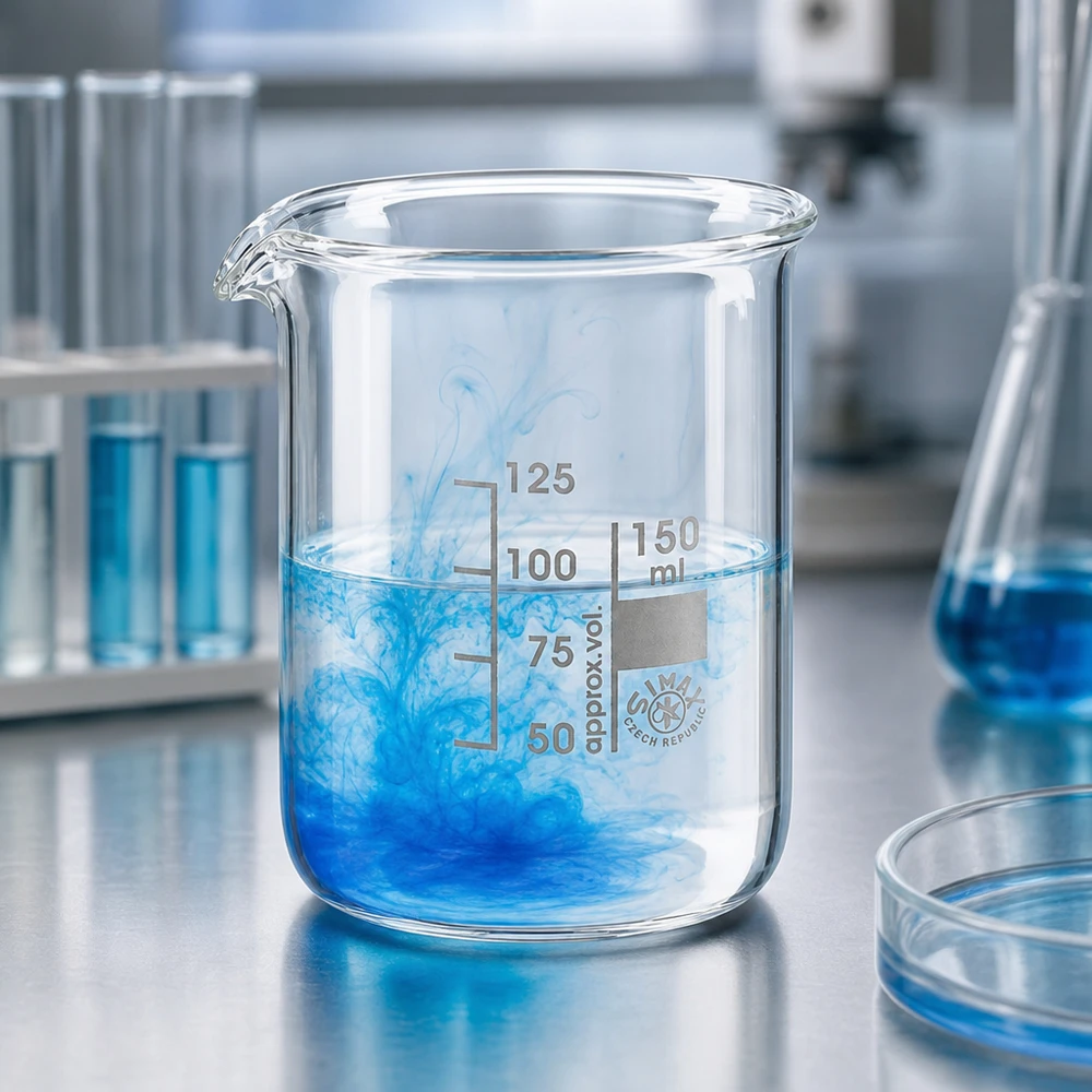 Bægerglas 150 ml borosilikatglas, lav form Varmebestandigt borosilikatglasbæger 150 ml med blå væske i moderne laboratoriedesign