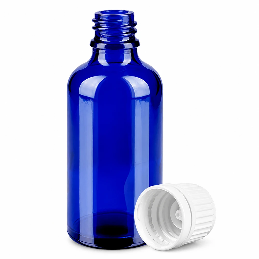 50 ml flaske 11 mm SV hvid OV BlueLine UT18/50 Koboltblå glasflaske 50 ml med skruegevind og hvid hætte til æteriske olier