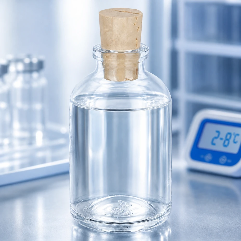 Flaske i klart glas 50 ml med kork 11/14 mm Apothekerflasche Klarglas 50ml mit Korken 11/14mm halb gefüllt mit klarer Lösung im Kühlbereich