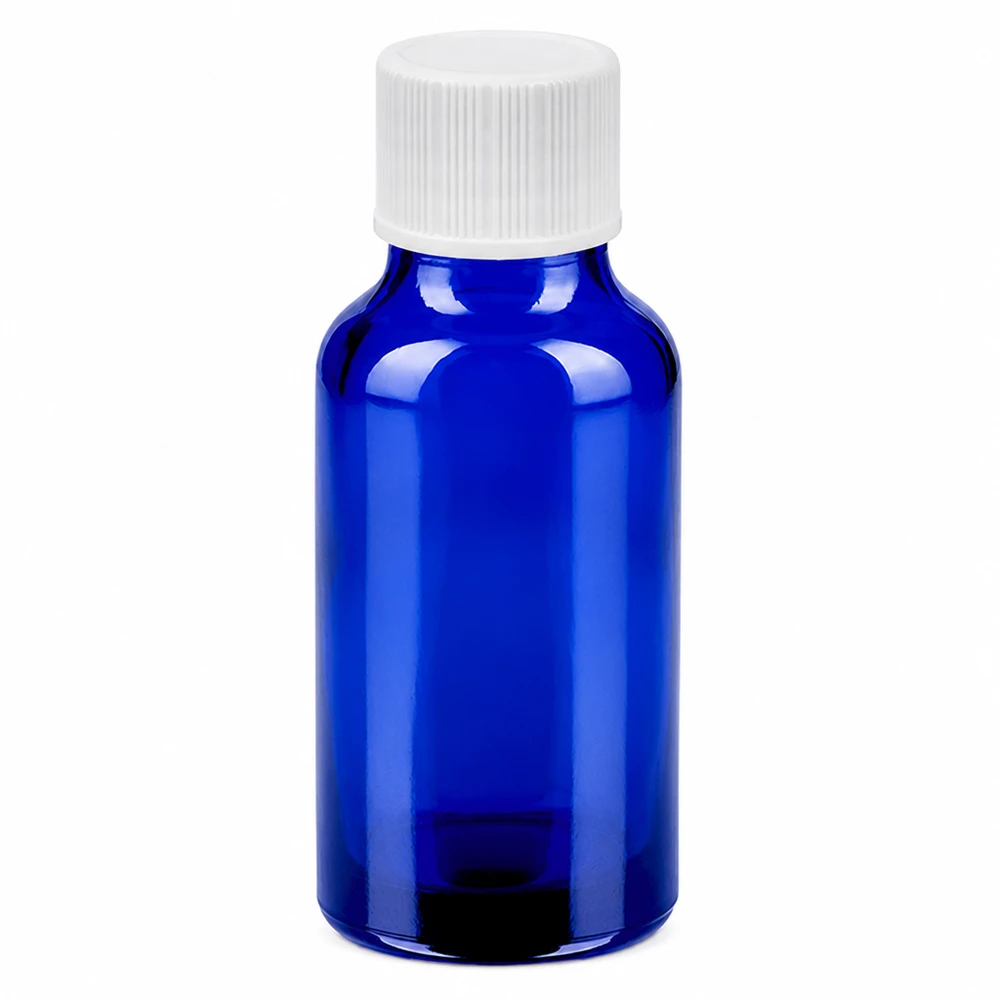 20 ml flaske 11 mm SV hvid STD BlueLine UT18/20 20 ml glasflaske blå med hvidt skruelåg til æteriske olier og kosmetik