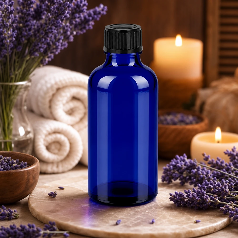 50 ml BlueLine-glasflaske af høj kvalitet med sort hætte til æteriske olier og aromaterapi