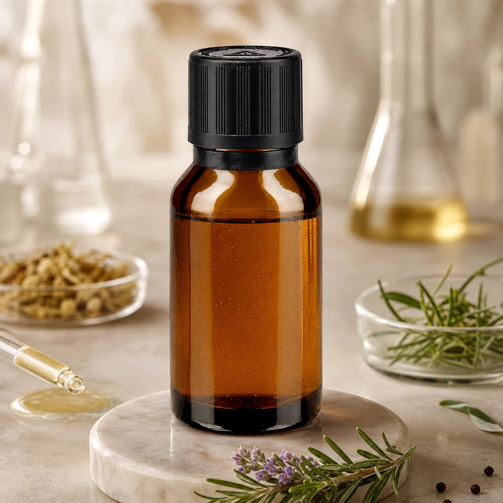 En ravfarvet 15 ml apotekerflaske med dråbetæller, omgivet af rosmarin og laboratorieglas