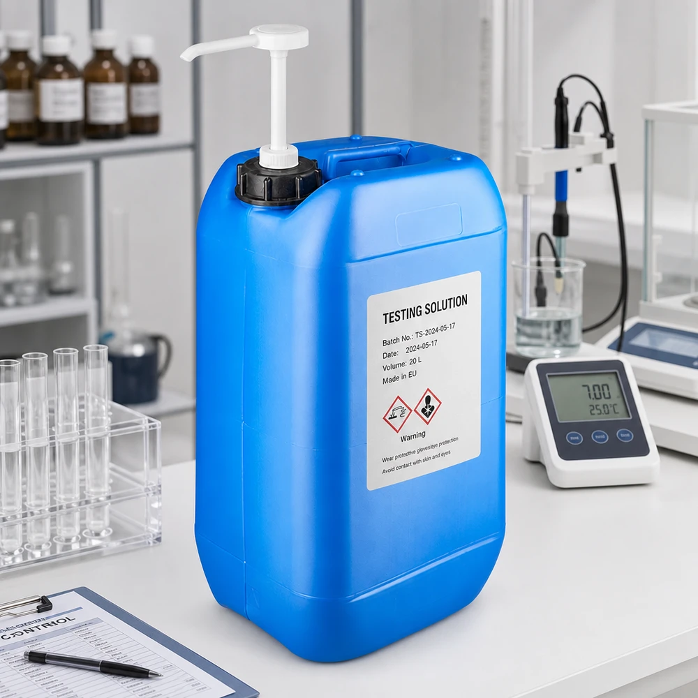 15 liters blå dunk med doseringspumpe Blå HDPE-kanister på 15 liter med ergonomisk bærehåndtag og hvid doseringspumpe