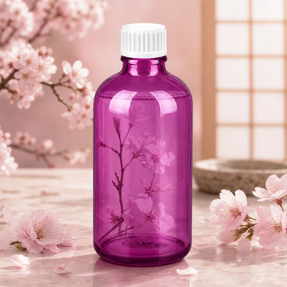 100 ml (globule) flaske 3 mm hældering hvid Standard PurpleLine. UT18/100 Rund 100 ml glasflaske i et elegant lilla design med praktisk UT18-skruegevind