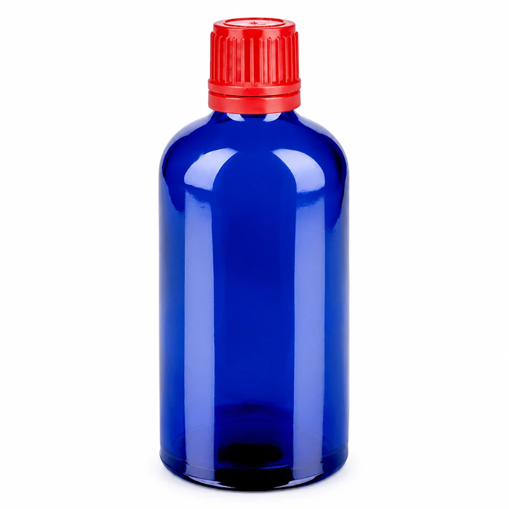100 ml blå glasflaske med rødt skruelåg SV 11mm OV BlueLine UT18/100