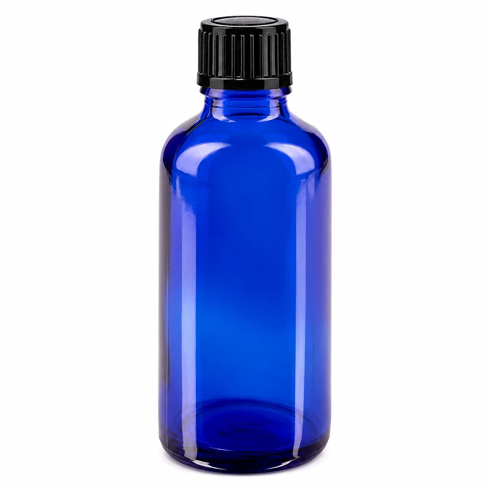 50 ml blå apotekerflaske af glas med sort skruelåg, 11 mm standard