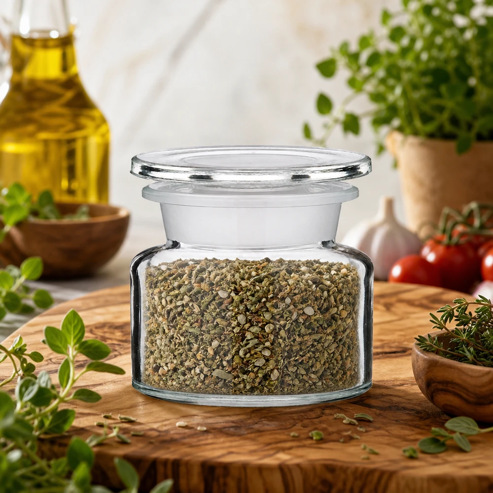 Idé til krydderiglas: apotekerflaske 50 ml med bred hals i klart glas Krydderiglas i apotekerflaske, 50 ml, bred hals, med tørret oregano på et rustikt træbræt
