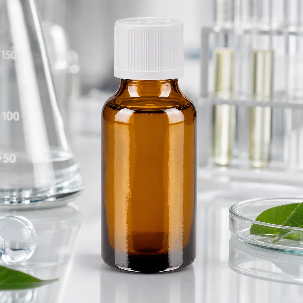 Apoteksflaske brun 20 ml skruelåg hvid KiSi St 20 ml apotekerflaske af brunt glas med hvid børnesikret lukning i laboratoriemiljøet
