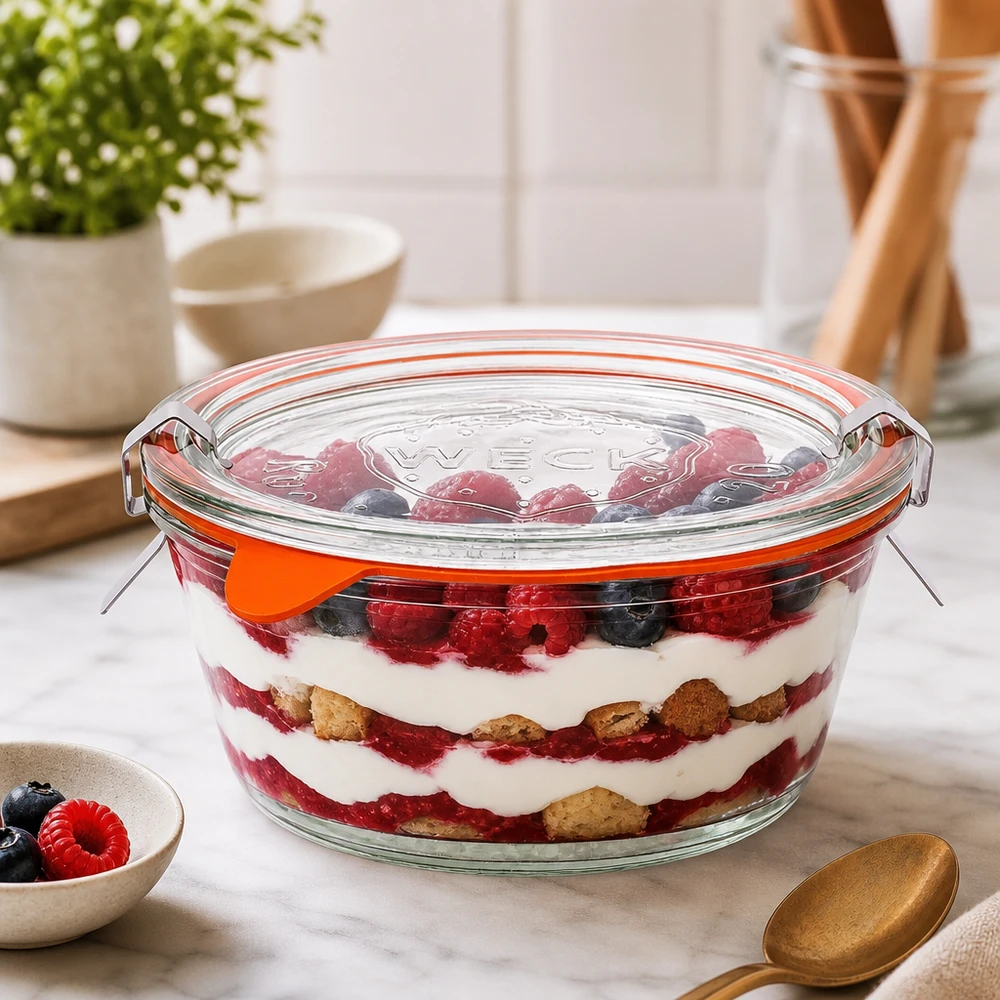 WECK gourmetglas 300ml RR120 fyldt med lagdelt bærdessert, trifli i glasbeholder med låg