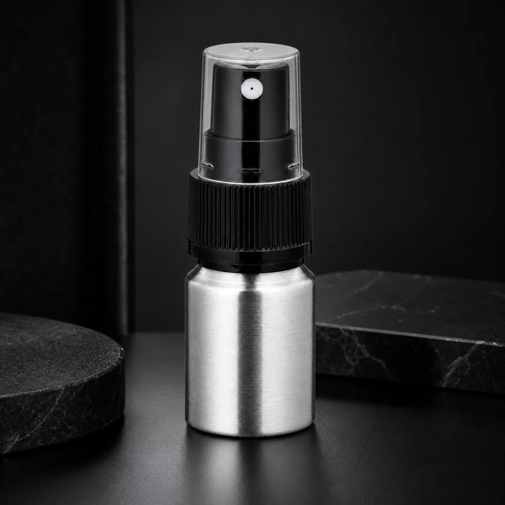 10 ml flaske i poleret aluminium med forstøver Aluminiumssprayflaske 10 ml med gennemsigtigt forstøverhoved - præcis dosering til parfume og olier