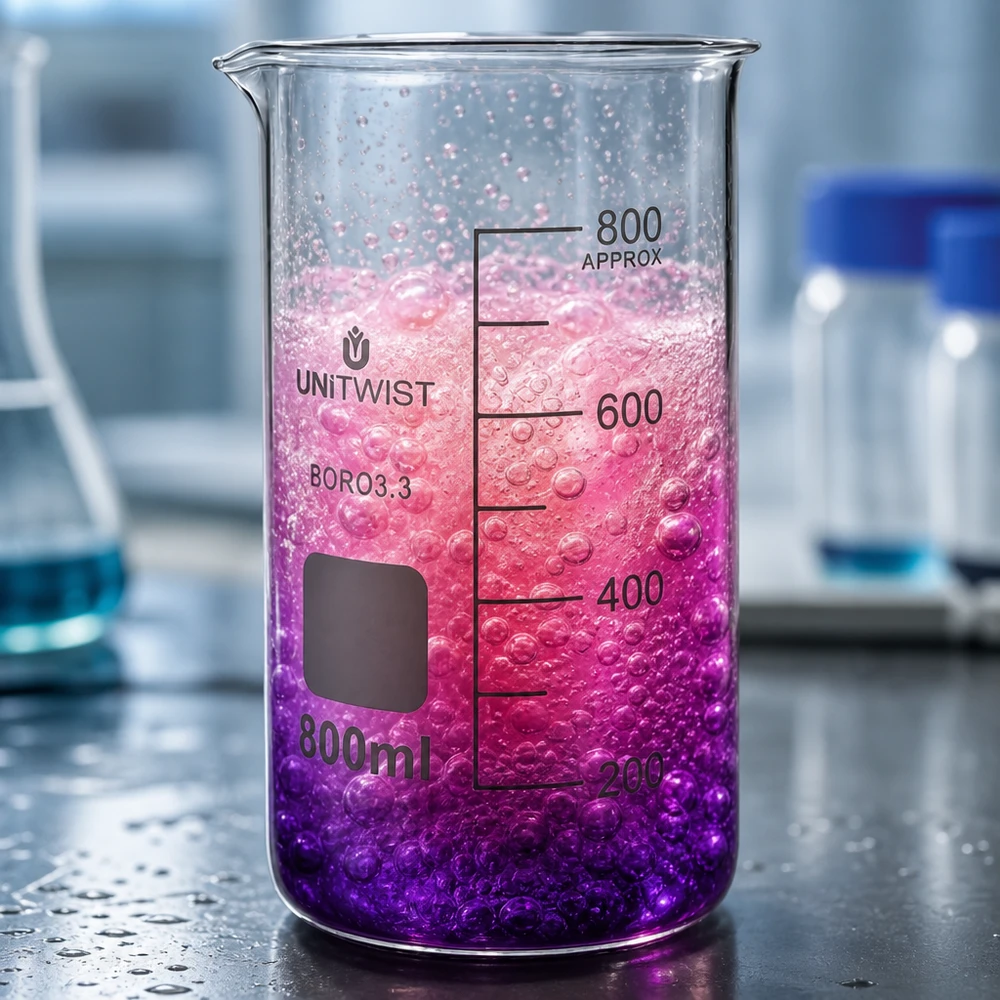UNITWIST bægerglas, 800 ml, høj model, borosilikatglas med lyserød-lilla væske og bobler i laboratoriet