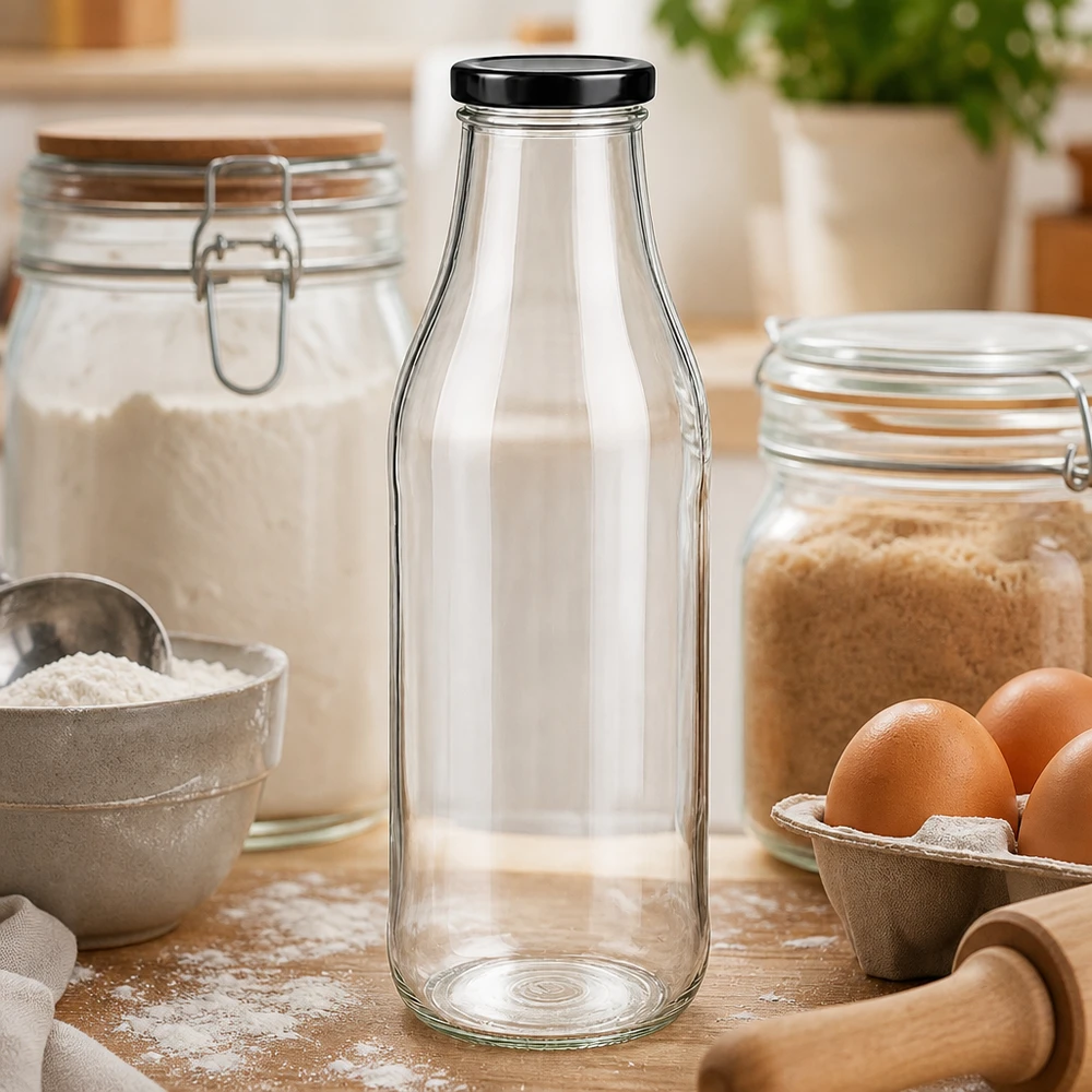 1000 ml glasflaske + BasicSeal-låg sort UNiTWIST. Absolut lækagesikker med stort TO48-låg. Til mælk, juice og limonade. 1000 ml glasflaske tom på træbord mellem bageingredienser, æg og mel som køkkenudstyr