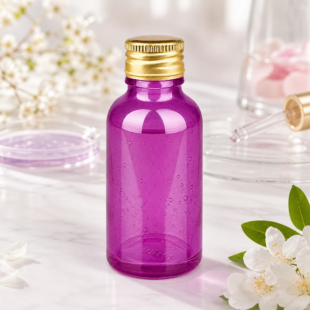 30 ml flaske 11 mm skruelåg aluminium guld standard PurpleLine. UT18/30 Kompakt 30 ml glasflaske i elegant lilla med STD-gevind til præcis dosering af kosmetiske produkter