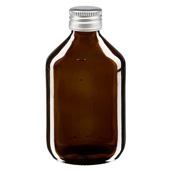 300 ml medicinflaske brun, med hætte af sølvfarvet aluminium ApoGlas. Farmaceutisk kvalitet fra EU-produktion. 28 mm (PP28) gevind. (sirup, let glasflaske)