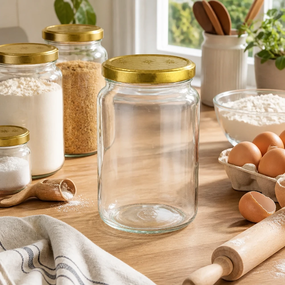 795 ml rund krukke + BasicSeal-låg honeycomb UNiTWIST Tom 795 ml rund krukke med gyldent honningkagelåg i køkkenscene med æg og bageingredienser