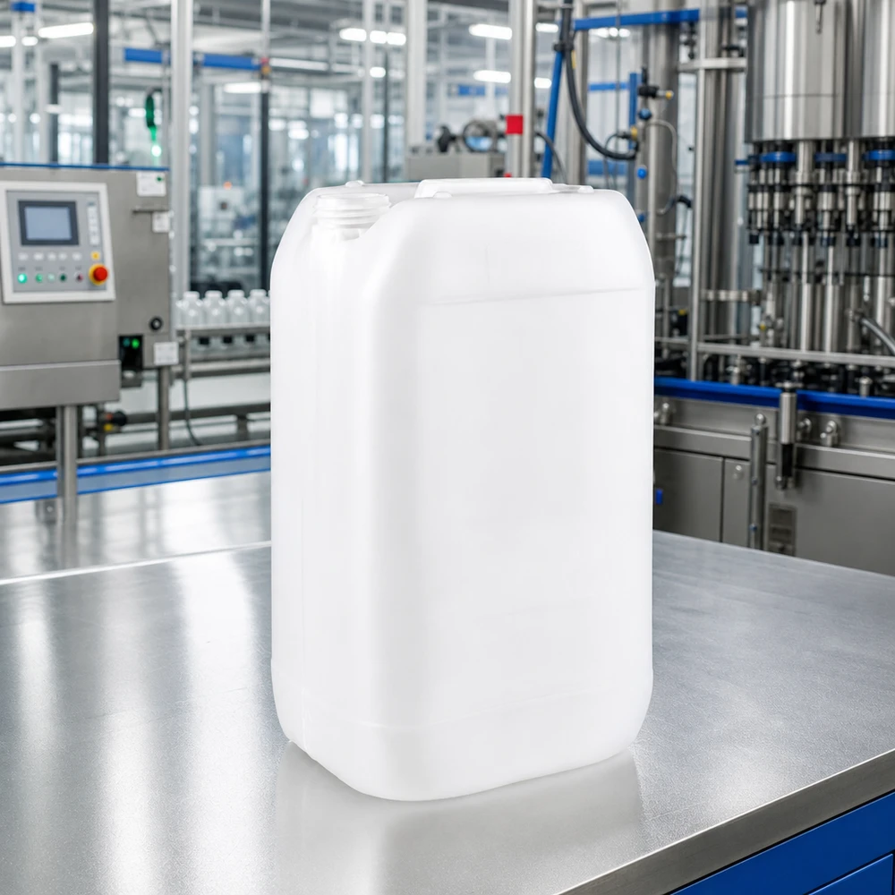 Beholder 15 liter uden hætte Gennemsigtig 15-liters HDPE-kanister uden låg på et metalbord i et moderne påfyldningsanlæg