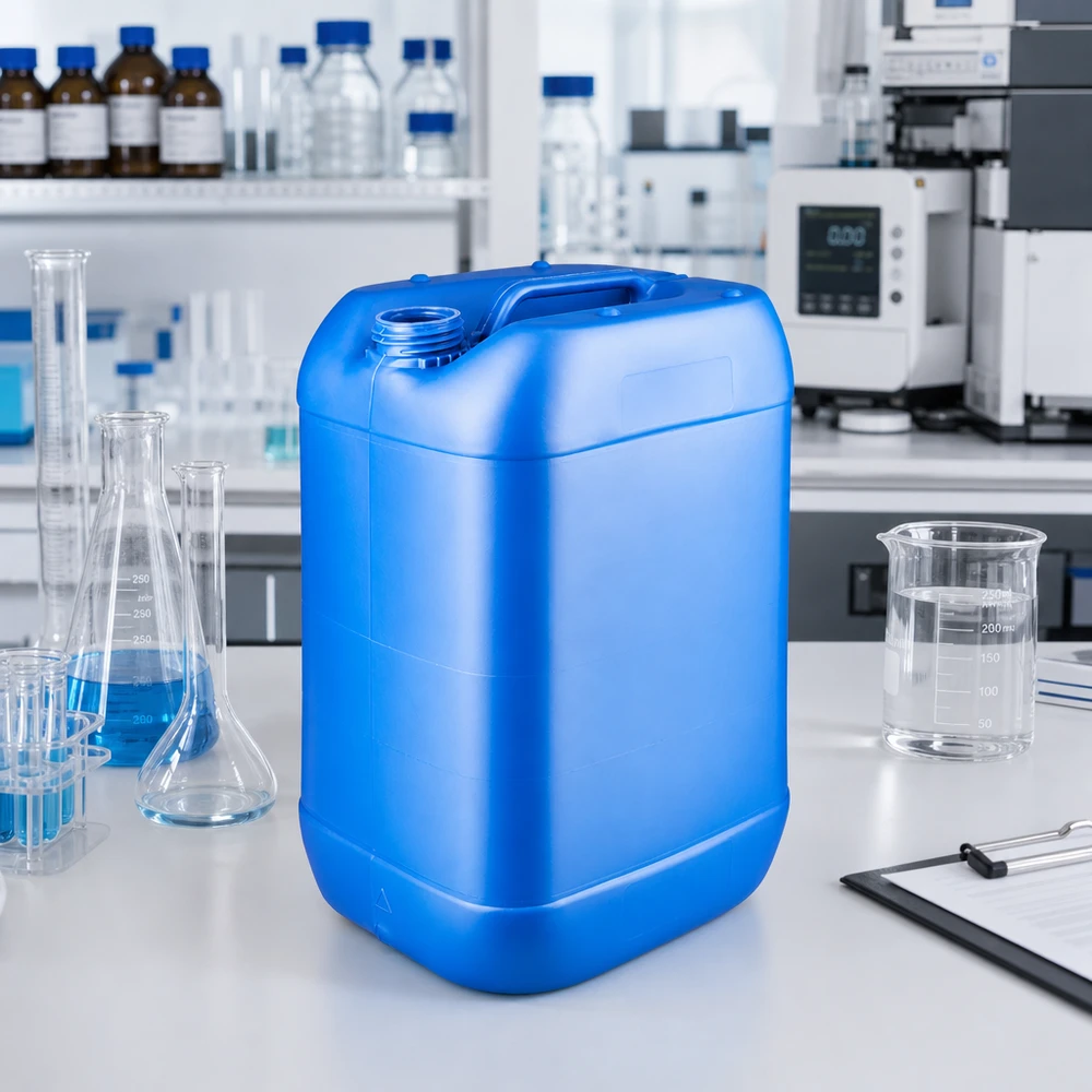 Rektangulær 25-liters dunk i blå uden låg, med bærehåndtag, fremstillet af robust plast