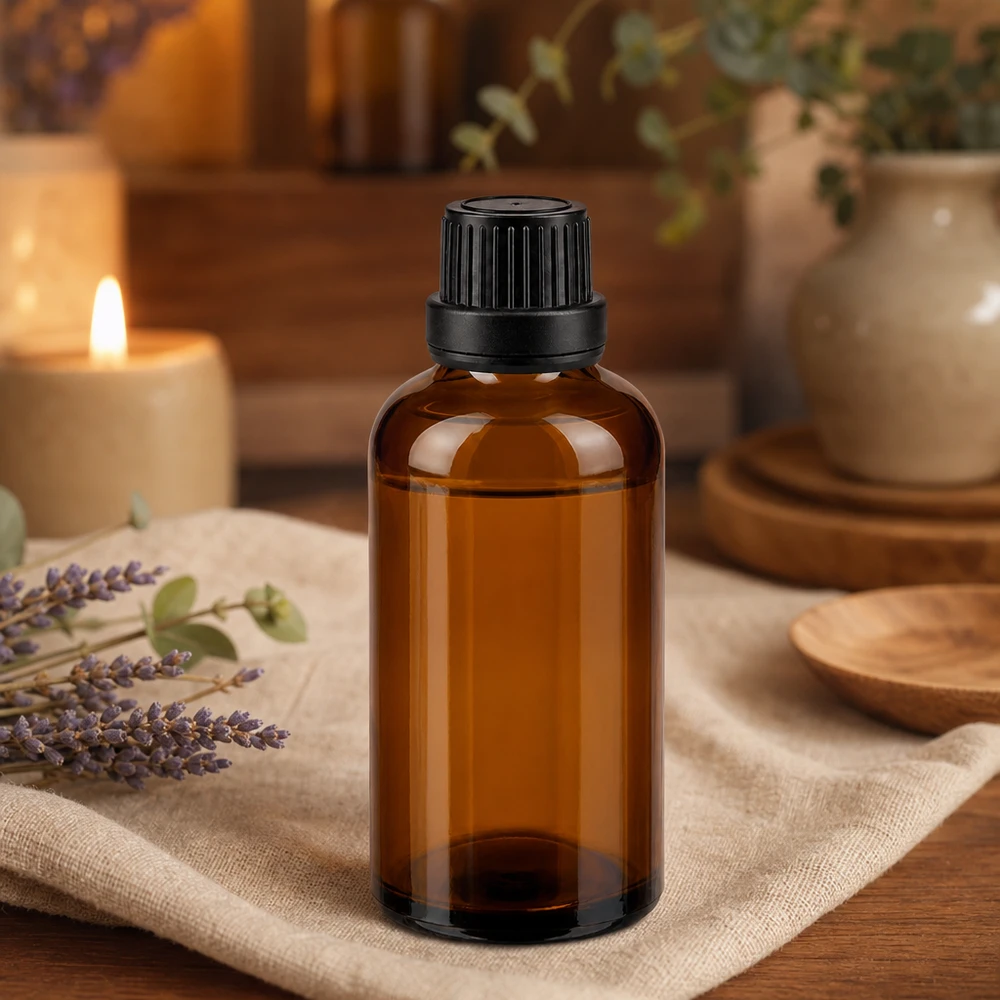 Apoteksflaske brun 50ml skruelåg sort tæt OV Brun glasflaske på 50 ml med børnesikret skruelåg i sort til aromaterapi og wellness