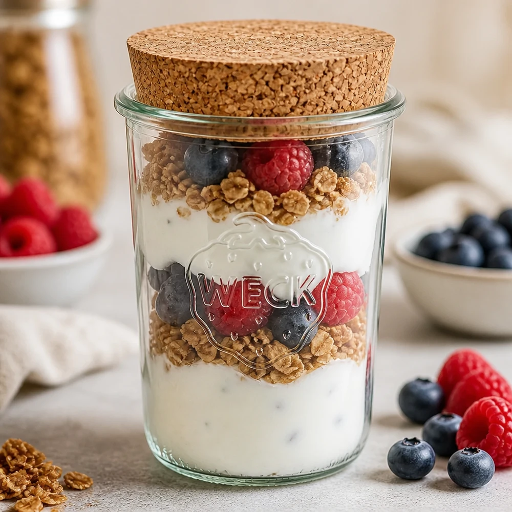 850 ml Briller WECK RR100 med kork natur WECK glas 850 ml RR100 med kork som yoghurtparfaitglas med bærgranola og lagdelt dessert med naturlig yoghurt