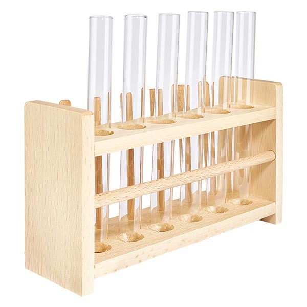 Reagensglasstativ i træ med 6 reagensglas plus sodakalk 160x16 Reagensglasstativ i træ med 6 reagensglas plus sodakalk 160x16