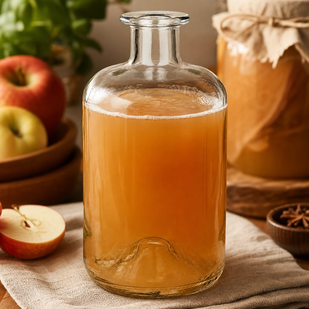 500 ml apoteksflaske »500ml Glasflasche "Luna" ohne Verschluss UNiTWIST« uden lukning UNiTWIST® Apotekerflaske Luna 500 ml fyldt med æblejuice ved siden af friske æbler og krydderier som en naturlig køkkendekoration