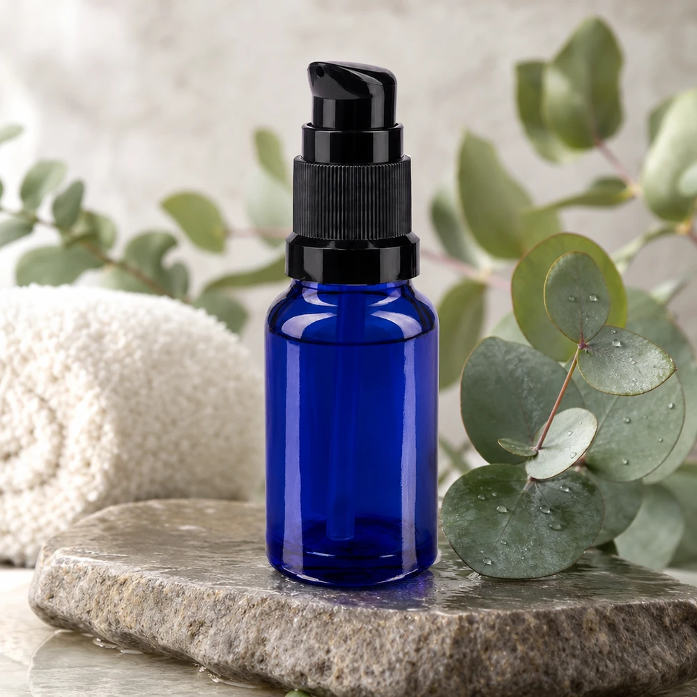Apoteksflaske blå 10ml pumpehætte sort St Blå 10 ml ApoGlas-pumpeflaske på natursten med eukalyptus i spa-atmosfære