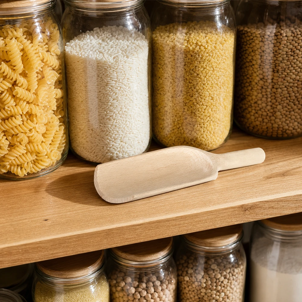Træskovl L 18 cm i organiseret spisekammer med glaskrukker fulde af pasta, ris, couscous og bælgfrugter
