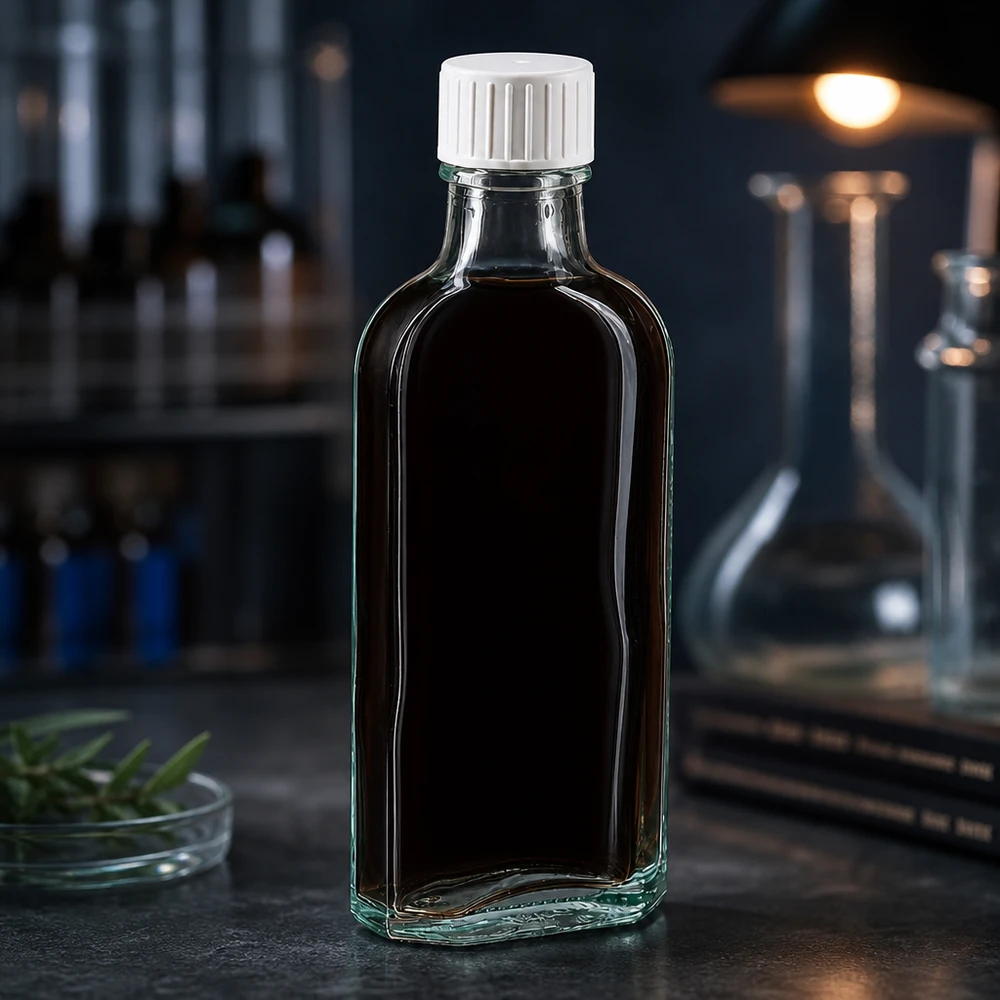 100 ml Meplat klar skruelåg med hældering Mørk 100 ml Meplat-glasflaske med hvid skruelåg på mørk baggrund