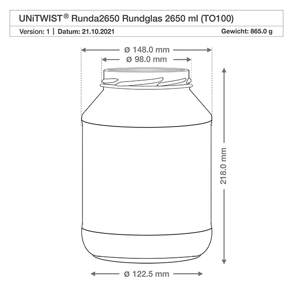 UNiTWIST Runda2650 - Briller med en kapacitet på 2650 ml TO100 Teknisk tegning UNiTWIST Runda2650 drikkeglas 2650ml med dimensioner diameter 148mm højde 218mm TO100